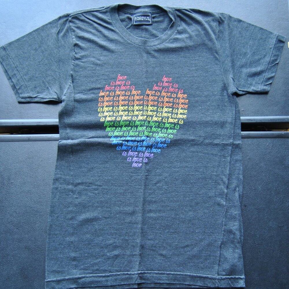 Andrew Christian Love Is Love Heart Gray Rainbow Short Sleeve Shirt Small